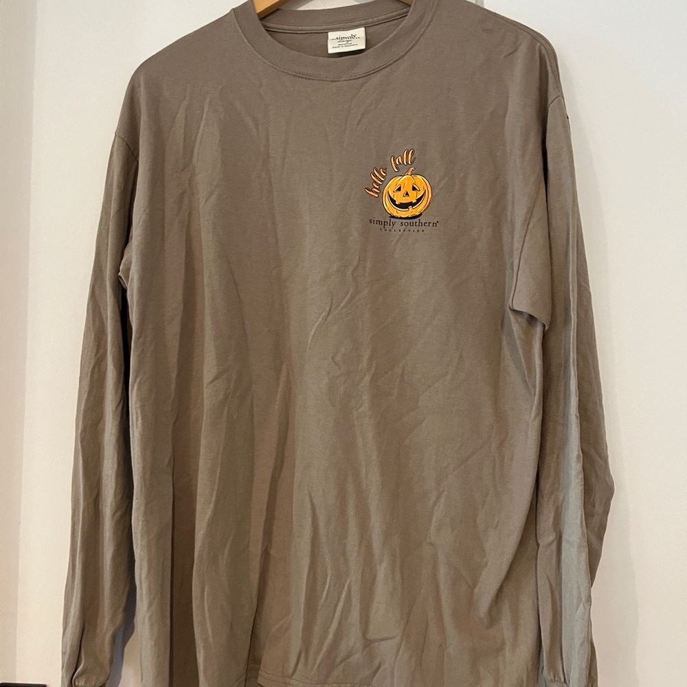 Simply Southern Brown Long Sleeve Tee Shirt with Pumpkin, Fall, Autumn Icons